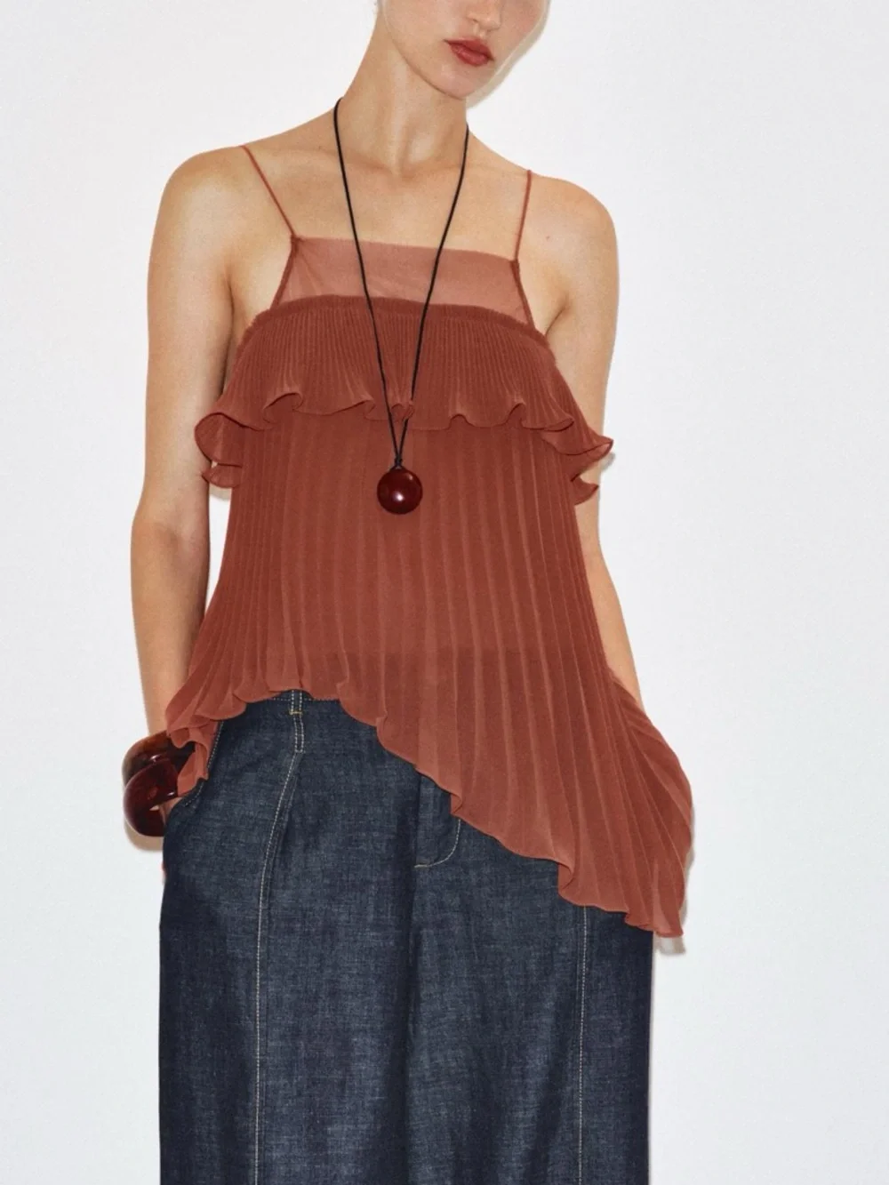 Zara Pleated Ruffle Camisole Top Burnt Orange NWT